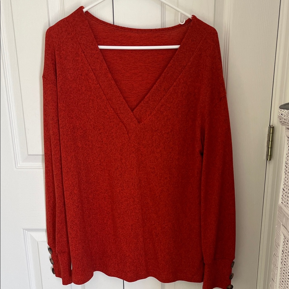 SHEIN V-Neck Red Top with Button Cuffs